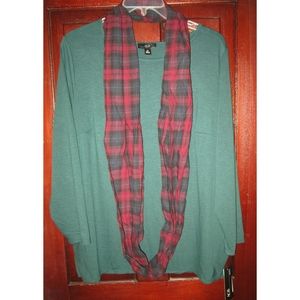 AGB Woman Plus New 2X Stretch Knit Top Shirt Blouse Scarf Sash Green Red Plaid
